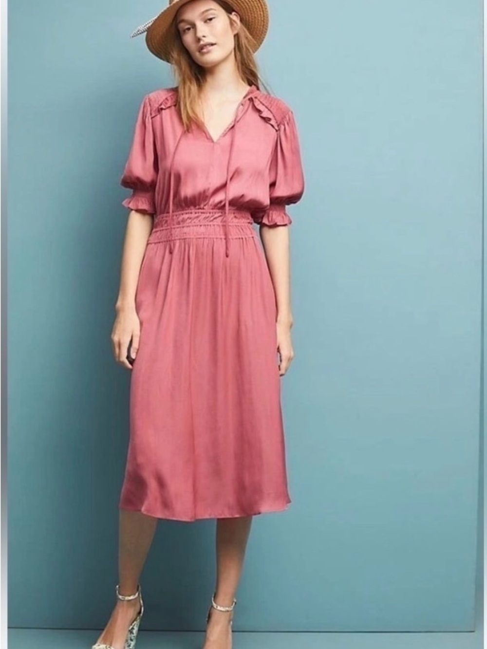 Anthropologie Current Air Dusty Rose Cape May Midi Dress with Smocked Waist